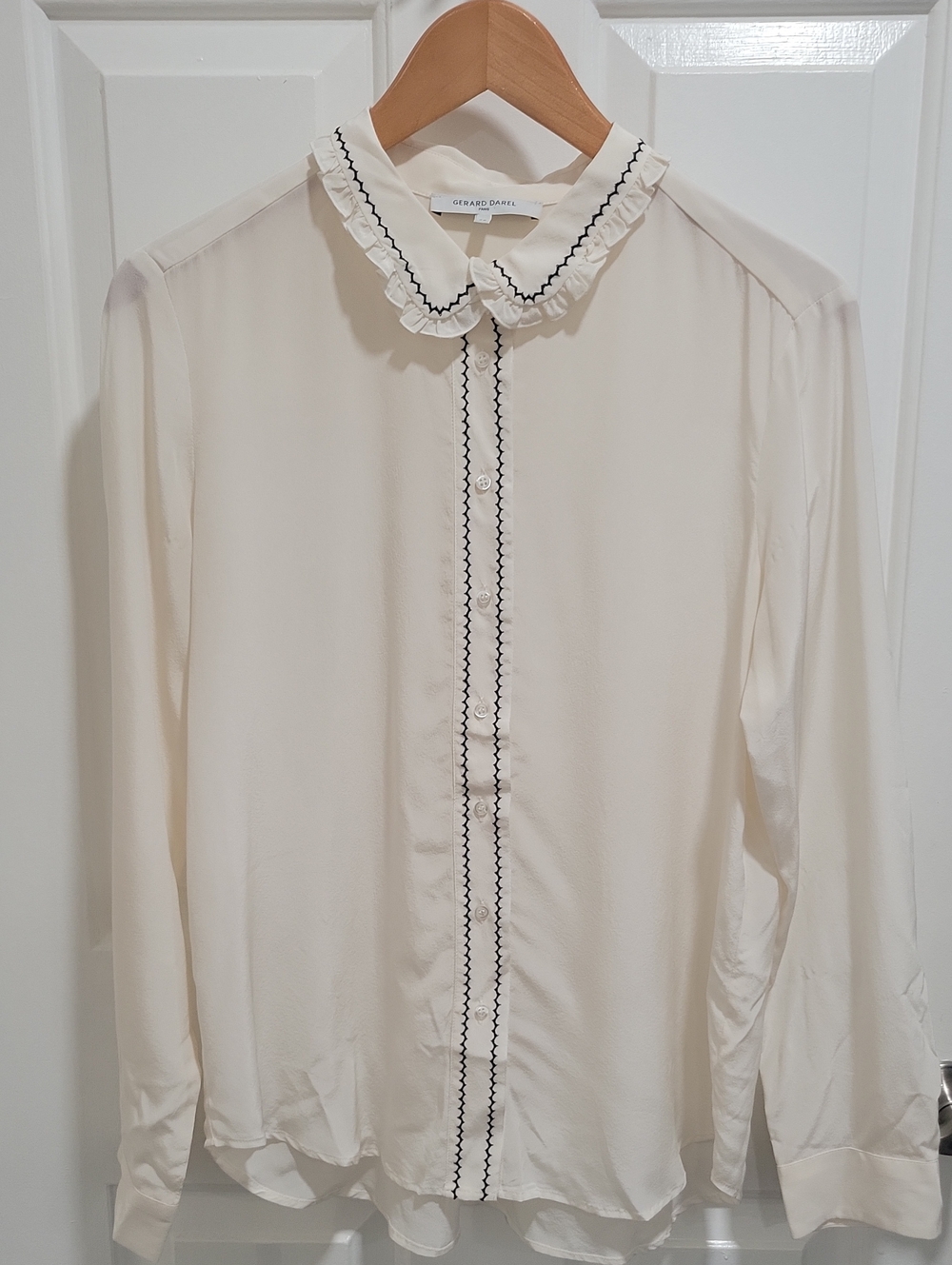 Gerard Darel Cream Ruffle Collar Shirt with Black Trim